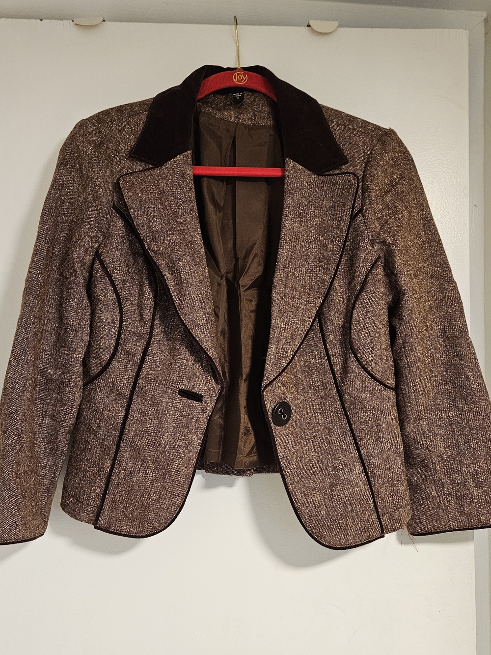 Bebe Womens Brown Tweed Riding Blazer Jacket with Dark Collar